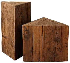 Set 2 masute laterale din lemn reciclat, cu aspect rustic, Triangle