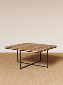 Măsuță de cafea cu scaune, pătrată, din lemn de tec, natur, set cu 4 taburete și cadru din metal negru, 40 x 90 x 90 cm, „Pocket”