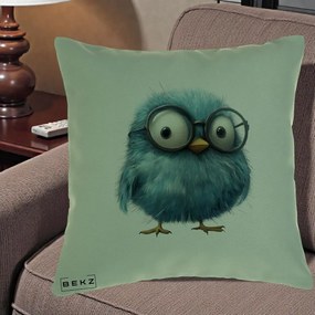 Perna Decorativa Pui Pufos Teal cu Ochelari, 40x40 cm, Verde, Husa Detasabila, Perna Inclusa, BEKZ®
