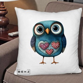 Perna Decorativa Bufnita Teal cu Doua Inimi, 40x40 cm, Alb Pufos, Husa Detasabila, Perna Inclusa, BEKZ®