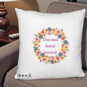 Cadou pentru Bunica - Perna Personalizata Cea Mai Buna Bunica Coronita Flori Multicolore, 40x40 cm, Alb Pufos, Husa Detasabila, Perna Inclusa, BEKZ®