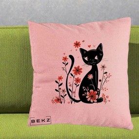 Perna Decorativa Pisica Neagra Flori Roz si Inimi, 40x40 cm, Roz, Husa Detasabila, Perna Inclusa, BEKZ®