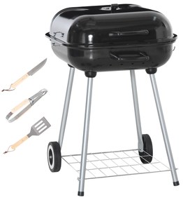 Outsunny Barbecue cu cărbune BBQ cu 2 roți, ustensile, capac și raft dim. 56L x 62l x 82H cm, metal emailat negru | Aosom Romania