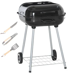 Outsunny Barbecue cu cărbune BBQ cu 2 roți, ustensile, capac și raft dim. 56L x 62l x 82H cm, metal emailat negru | Aosom Romania