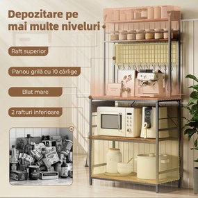 HOMCOM Raft de Bucătărie cu Prize și Rafturi Reglabile, Raft pentru Cuptor cu Microunde cu 5 Niveluri, Panou cu Grilaj și 10 Cârlige, Mobilier Vintage Structură din Oțel, 80x40x170 cm, Maro Rustic | Aosom Romania