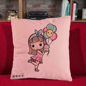 Perna Decorativa Fetita Kawaii cu Baloane si Cupcake, 40x40 cm, Roz, Husa Detasabila, Perna Inclusa, BEKZ®