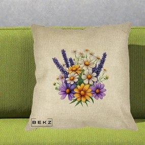 Perna Decorativa Lavanda Musetel si Flori Mov, 40x40 cm, Crem, Husa Detasabila, Perna Inclusa, BEKZ®