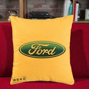 Perna Personalizata cu emblema Ford, 40x40 cm, Galben, Husa Detasabila, Perna Inclusa, BEKZ®