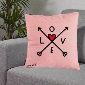 Perna Decorativa Love cu Sageti Incrucisate si Inima Rosie, 40x40 cm, Roz, Husa Detasabila, Perna Inclusa, BEKZ®