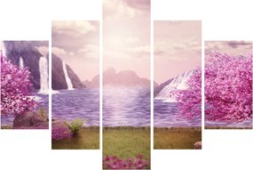 Tablou cu pomi roz cu lac (150x105 cm)