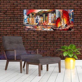 Tablou - Victoria Harbour, Hong Kong, pictură în ulei (120x50 cm)
