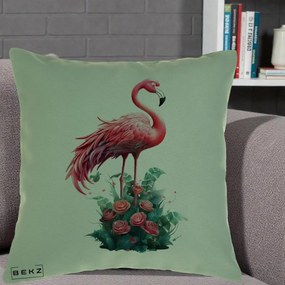 Perna Decorativa Flamingo cu Trandafiri Tropicali, 40x40 cm, Verde, Husa Detasabila, Perna Inclusa, BEKZ®