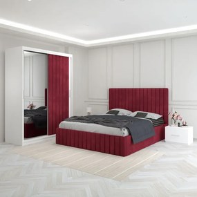 Set Mobila De Dormitor Luca Visiniu, pat tapitat 160x200cm,  dulap cu oglinda 150x210cm, noptiere