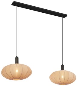 Lampă suspendată Japandi neagră cu abajur maro din material textil cu 2 lumini - Bida