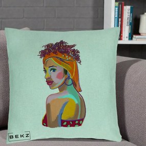 Perna Decorativa Portret Femeie Colorat Pop Art, 40x40 cm, Verde Menta, Husa Detasabila, Perna Inclusa, BEKZ®