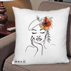 Perna Decorativa Portret Feminin Flori Palarie, 40x40 cm, Alb Pufos, Husa Detasabila, Perna Inclusa, BEKZ®