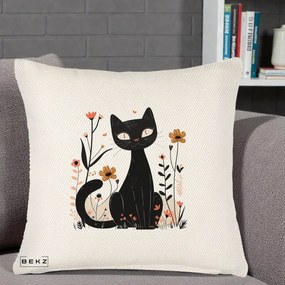 Perna Decorativa Pisica Neagra Flori Pastel Folk, 40x40 cm, Crem Reliefat, Husa Detasabila, Perna Inclusa, BEKZ®