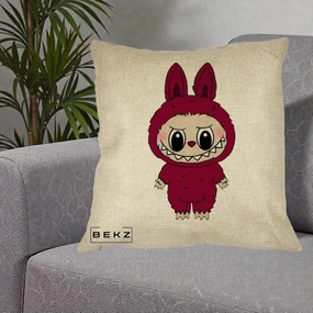 Perna Personalizata Labubu Rosu-Visiniu Solo, 40x40 cm, Crem, Husa Detasabila, Perna Inclusa, BEKZ®