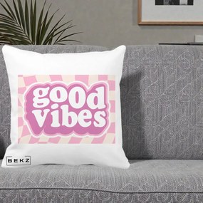 Perna Decorativa Good Vibes Retro Roz, 40x40 cm, Alba Mata, Husa Detasabila, Perna Inclusa, BEKZ®