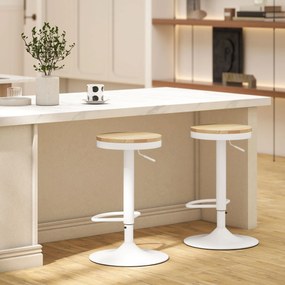 HOMCOM Set de 2 Taburete Inalte de Bucatarie cu Inaltime Reglabila Scaun din Lemn Cadru din Otel si Suport pentru Picior Natural si Alb | Aosom Romania