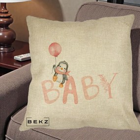 Perna Personalizata Baby Pinguin Roz, 40x40 cm, Crem, Husa Detasabila, Perna Inclusa, BEKZ®