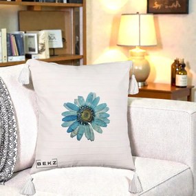 Perna Decorativa Floare Margareta Albastra Acuarela, 40x40 cm, Bej cu Franjuri, Husa Detasabila, Perna Inclusa, BEKZ®