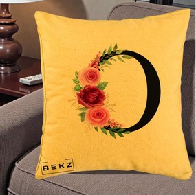 Cadou Personalizat - Perna Personalizata Monograma Florala Litera O, 40x40 cm, Galben, Husa Detasabila, Perna Inclusa, BEKZ®