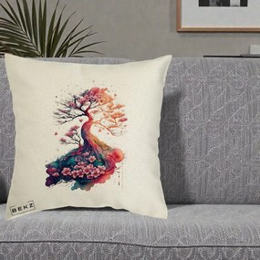 Perna Decorativa Copac Sakura Acuarela Fantasy, 40x40 cm, Ecru, Husa Detasabila, Perna Inclusa, BEKZ®