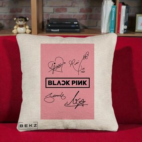 Perna Personalizata K-pop BLACKPINK Semnaturi Roz, 40x40 cm, Bej Canapea, Husa Detasabila, Perna Inclusa, BEKZ®
