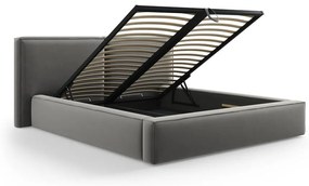 Pat matrimonial gri tapițat din catifea cu spațiu de depozitare cu somieră 200x200 cm Arendal – Cosmopolitan Design