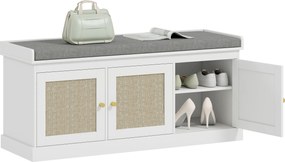 HOMCOM Banc pentru încălțăminte intrare 9 perechi, banc de depozitare, 3 uși din ratan, pernă și raft reglabil, 105x35x47cm, alb | Aosom Romania