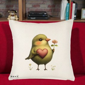 Perna Decorativa Pasare Verde cu Inima si Floare, 40x40 cm, Crem Reliefat, Husa Detasabila, Perna Inclusa, BEKZ®