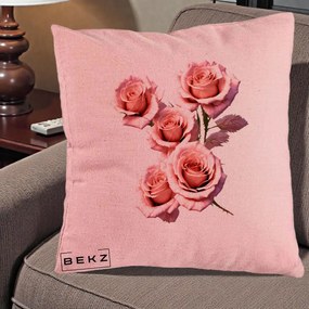 Perna Decorativa Trandafiri Roz Pastel Acuarela, 40x40 cm, Roz, Husa Detasabila, Perna Inclusa, BEKZ®
