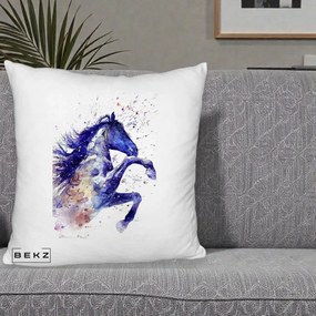 Perna Decorativa Cal Albastru Acuarela, 40x40 cm, Alb Pufos, Husa Detasabila, Perna Inclusa, BEKZ®