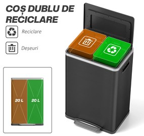 HOMCOM Coș de Gunoi cu 2 Secțiuni de 20L cu Pedală și Capac cu Închidere Moale, din Oțel Inoxidabil și PP, 40x34.8x59 cm, Negru | Aosom Romania
