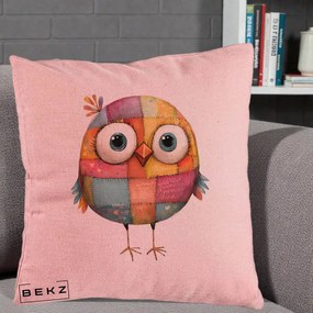 Perna Decorativa Pasare Patchwork Colorata, 40x40 cm, Roz, Husa Detasabila, Perna Inclusa, BEKZ®