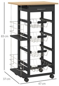 HOMCOM Carucior de Bucătărie cu Roți Carucior Multiusos cu Sertar 4 Coșuri Detașabile de Metal și Rafturi 47x37x83 cm Negru | Aosom Romania