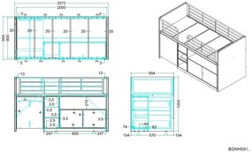 Pat etajat din pal si metal cu birou incorporat si 2 usi, pentru copii Bonny alb, 200 x 90 cm - BONHS9114