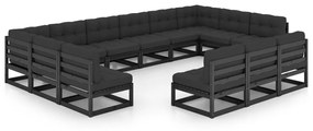 3077248 vidaXL Set mobilier grădină cu perne, 13 piese, negru, lemn masiv pin