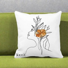 Perna Decorativa Portret Feminin Floare Portocalie Lateral, 40x40 cm, Alba Mata, Husa Detasabila, Perna Inclusa, BEKZ®
