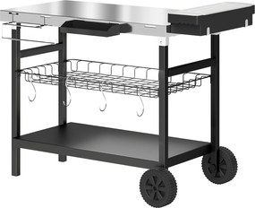 Outsunny Cărucior de grădină cu 3 niveluri, blat din inox, roți, cârlige, coș detașabil, mâner lateral, 114x61x81 cm, negru | Aosom Romania