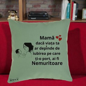 Cadou pentru Mama - Perna Personalizata Mama Nemuritoare Imbratisare Copil, 40x40 cm, Verde, Husa Detasabila, Perna Inclusa, BEKZ®