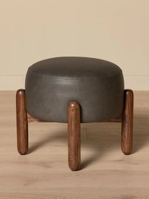 Taburet din piele naturală gri, cu cadru din lemn de acacia și mango, formă rotundă, finisaj natural, 43×56 cm, „Olga"