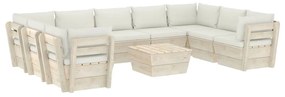 Set mobilier gradina din paleti, 10 piese, cu perne, lemn de molid Crem, 4x colt + 5x mijloc + masa, 1