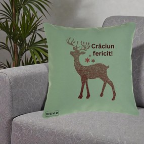 Perna Decorativa Ren Sclipitor Glitter Craciun Fericit, 40x40 cm, Verde, Husa Detasabila, Perna Inclusa, BEKZ®