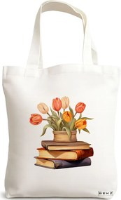 Sacosa de Panza pentru Cumparaturi, Geanta Tote, model Books and flowers 13 38 x 34.5 cm, Alba, BEKZ®