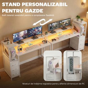 HOMCOM Birou Gaming cu Suport CPU Reglabil Reversibil și LED, 147x47 cm, Stație de Încărcare, Suport Monitor, 3 Sertare din Material Textil, pentru Acasă, Birou sau Studio, Alb | Aosom Romania
