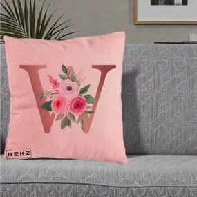Cadou Personalizat - Perna Personalizata Monograma Rose Gold Litera W cu Trandafiri si Anemona, 40x40 cm, Roz, Husa Detasabila, Perna Inclusa, BEKZ®