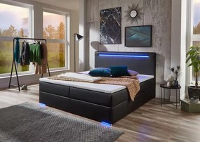 Boxspring 180x200 cm, lada de depozitare, saltele și topper inclus, material piele artificială, culoare neagră, cu LED-uri