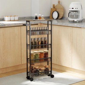 HOMCOM Cărucior de bucătărie cu 4 roți, cărucior de depozitare cu roți, blat cu aspect de lemn, structură metalică, 47x13x96,5 cm, negru | Aosom Romania